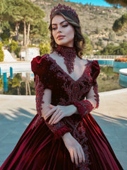 Long Unique Beaded Gold Lace Sequin Ball Gown Kaftan Dress