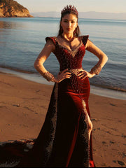 Fancy Burgundy Floor Length Sleeveless Sequin Party Gown