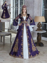 Chic purple a-line scoop floor length gold sequin colorful beading embellished kaftan ball gowns