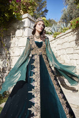Velvet evening dress in green color