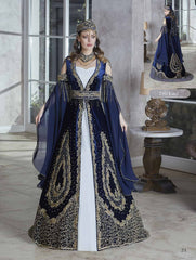 2020 Princess crystal Embellished Long flounce Sleeves Navy Blue Prom Dresses Ball Gowns Wedding Engagement Dresses , Appliqued Formal Gown