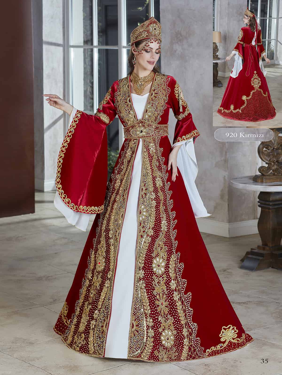 Royal red velvet gold sequin turkish moroccan long sleeve Wedding Gown Henna Party Wear Marriage Kaftan Dress set