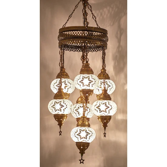 7 Globe White Turkish Stained Glass Lamps