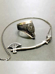 Archery Ring Axe Necklace Silver Set