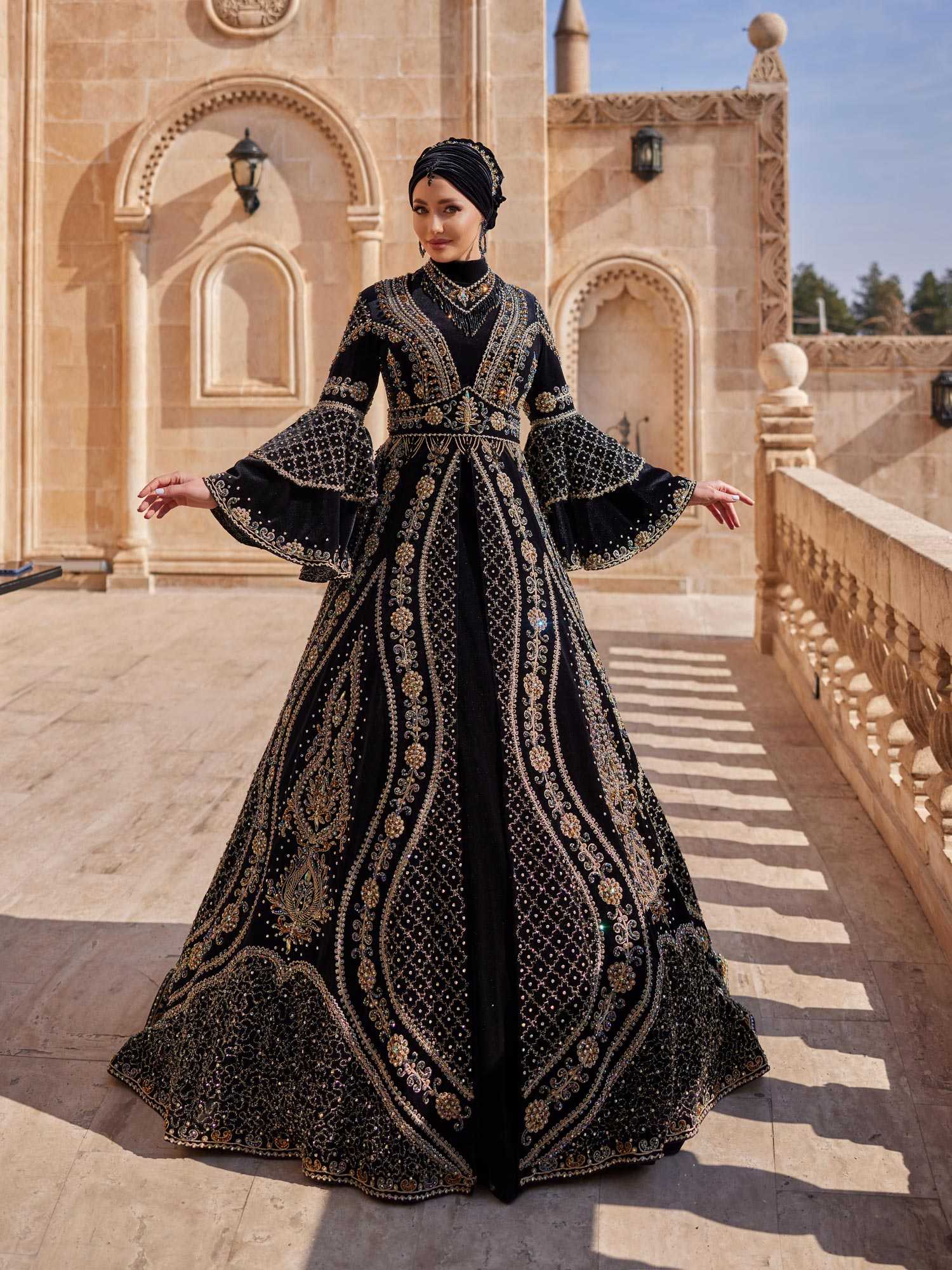 Gold Lace Sequin Embroidered Hiajb Bridal Ball Gown Muslim Dress Black / 44 Gold Lace Sequin Embroidered Hiajb Bridal Ball Gown Muslim Dress Black / 44