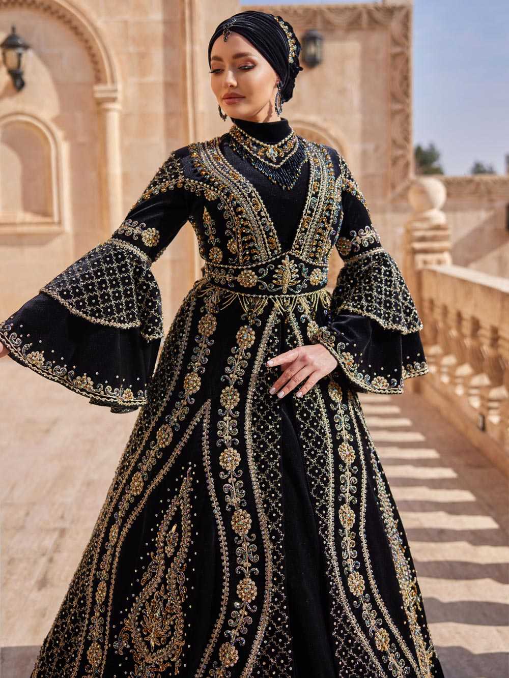 Gold Lace Sequin Embroidered Hiajb Bridal Ball Gown Muslim Dress Black / 44 Gold Lace Sequin Embroidered Hiajb Bridal Ball Gown Muslim Dress Black / 44