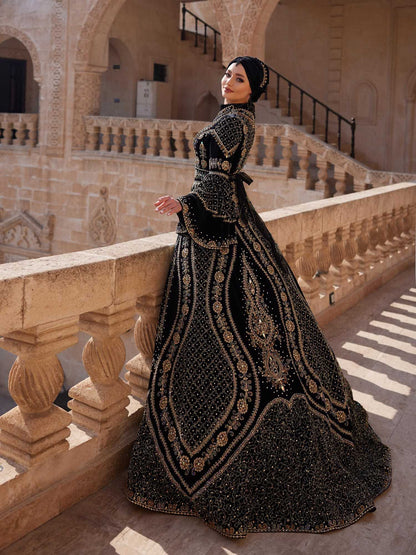 Gold Lace Sequin Embroidered Hiajb Bridal Ball Gown Muslim Dress Black / 44 Gold Lace Sequin Embroidered Hiajb Bridal Ball Gown Muslim Dress Black / 44
