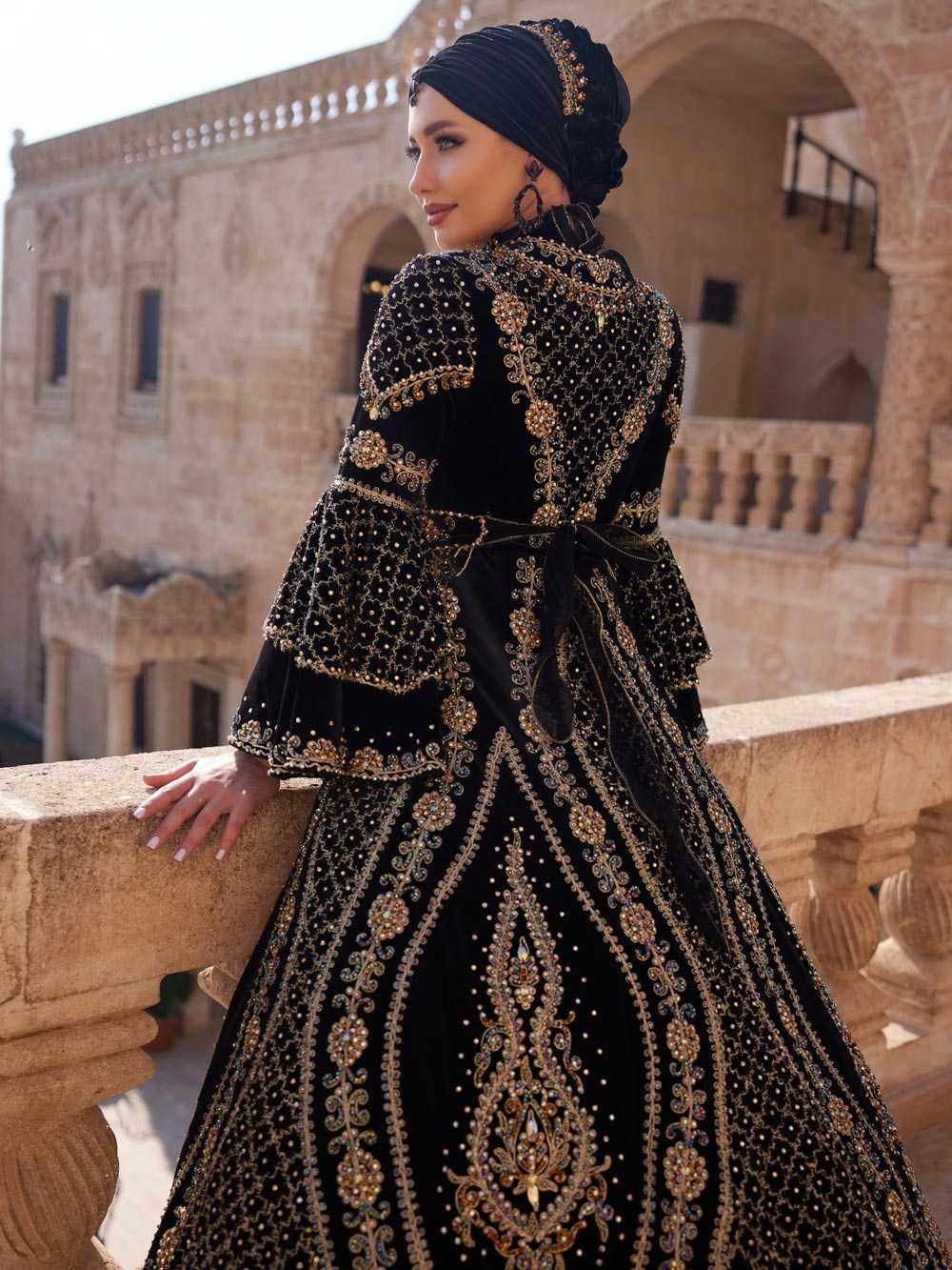 black elegant long sleeve gold sequin heavy embroidered formal evening ball gowns dresses for muslim women