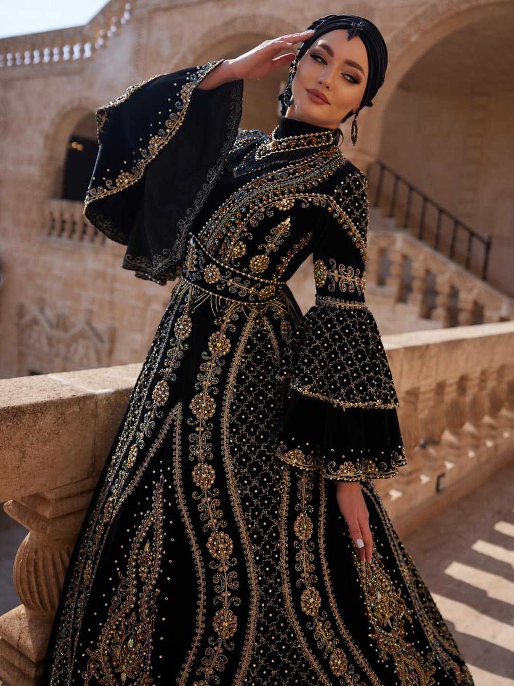 Gold Lace Sequin Embroidered Hiajb Bridal Ball Gown Muslim Dress Black / 44 Gold Lace Sequin Embroidered Hiajb Bridal Ball Gown Muslim Dress Black / 44