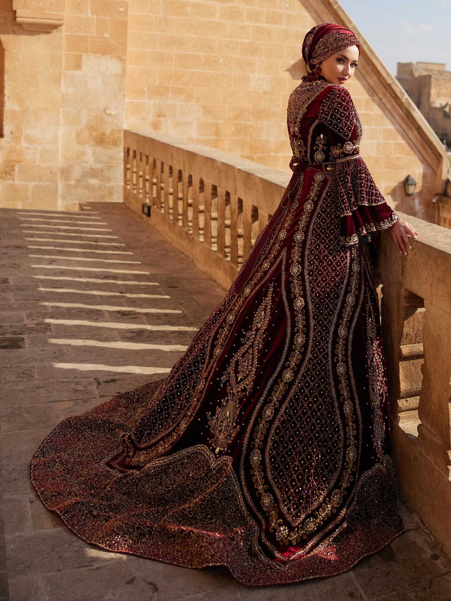 traditional burgundy embellished sequin gold lace long sleeve henna night kaftan gown dresses