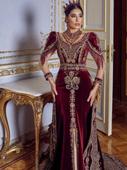 maroon velvet long tail gold beaded mermaid henna wedding kaftan