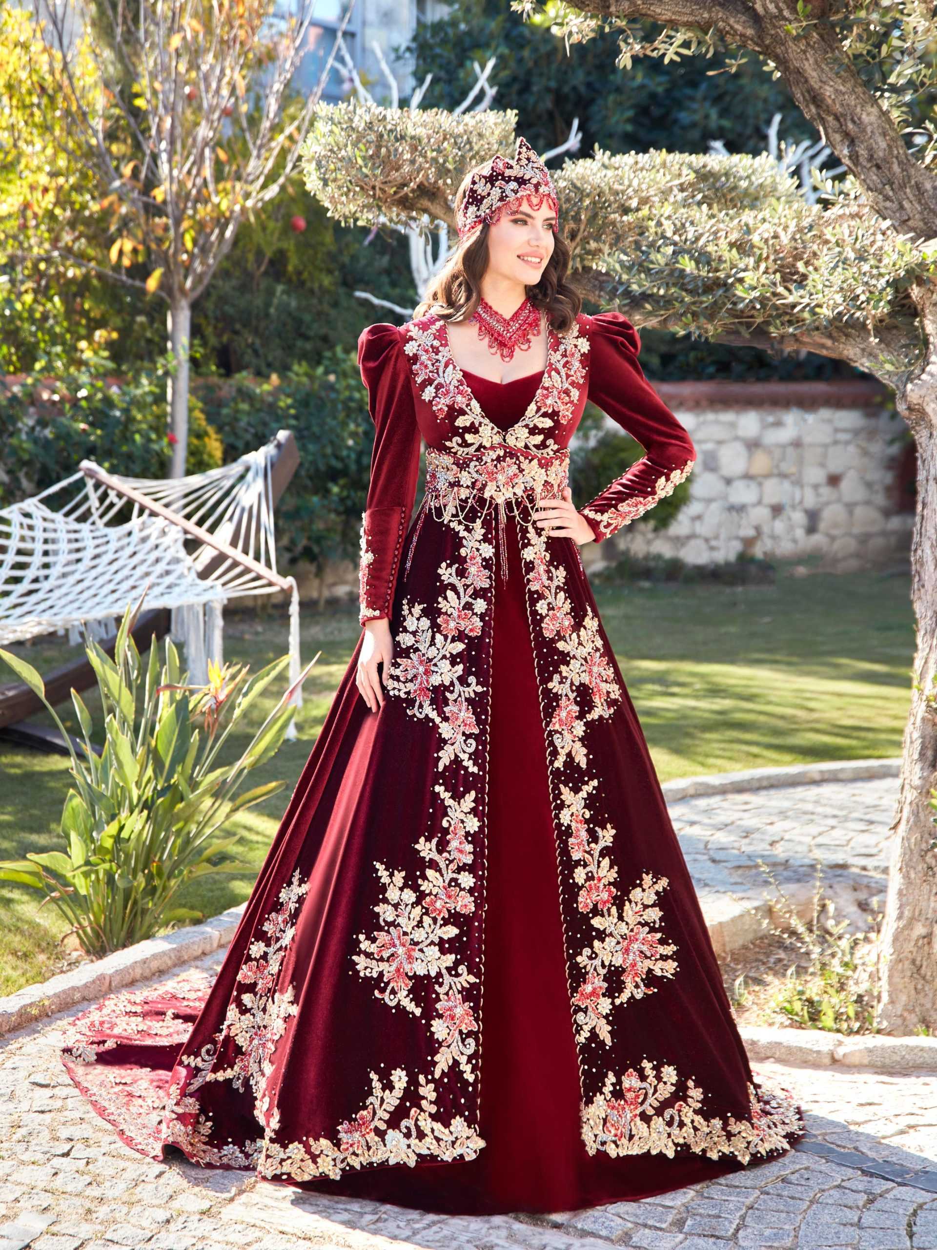 red long sleeve party formal evening sequin work kaftan gown dress