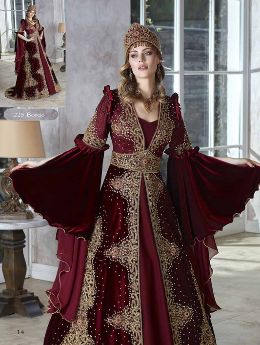 Dark Red Royal Unique Formal Evening Caftan Gowns Set With Sleeves 
