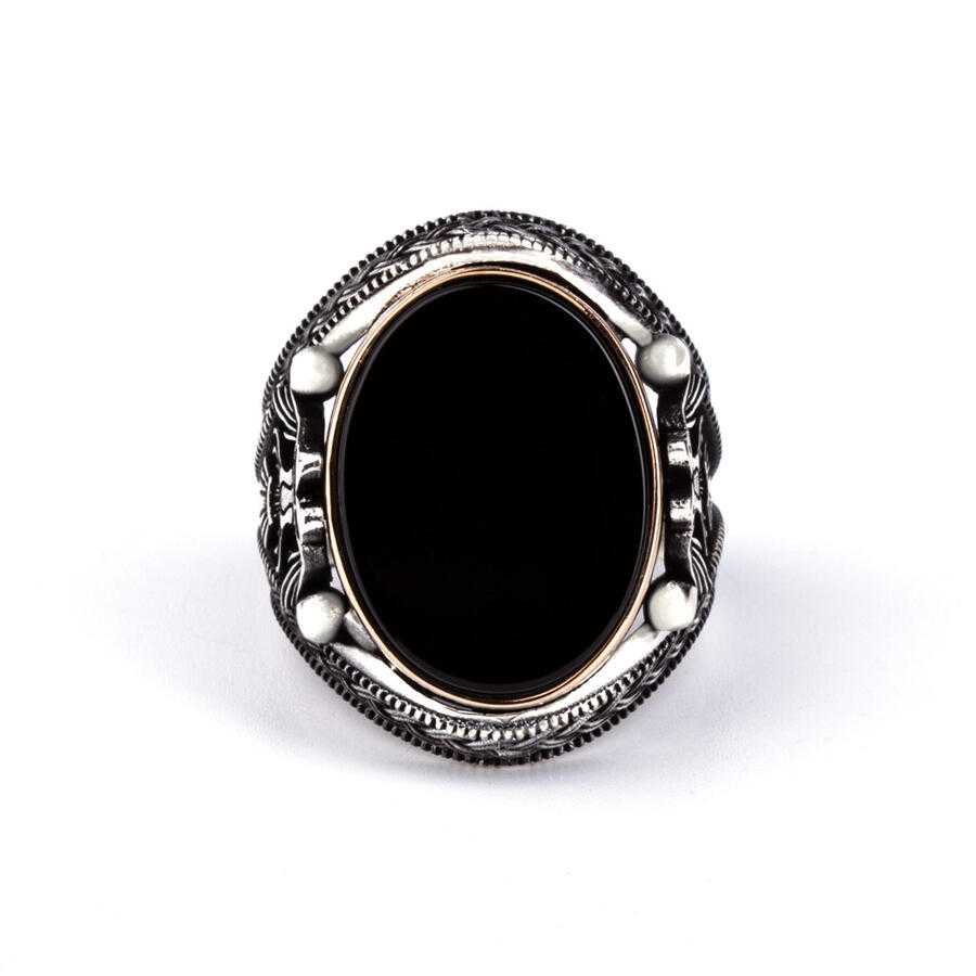 Double Headed Eagle Motif Black Zircon Stone Silver Ring