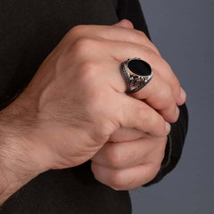 Double Headed Eagle Motif Black Zircon Stone Silver Ring