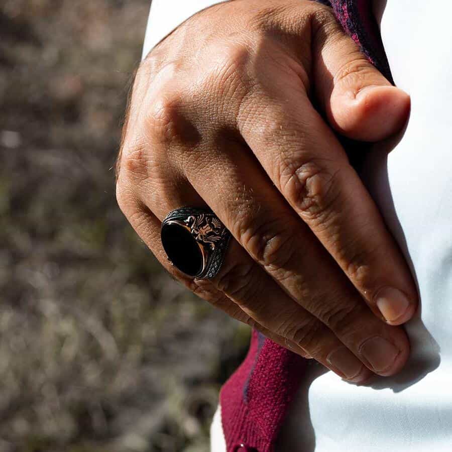 Double Headed Eagle Motif Black Zircon Stone Silver Ring