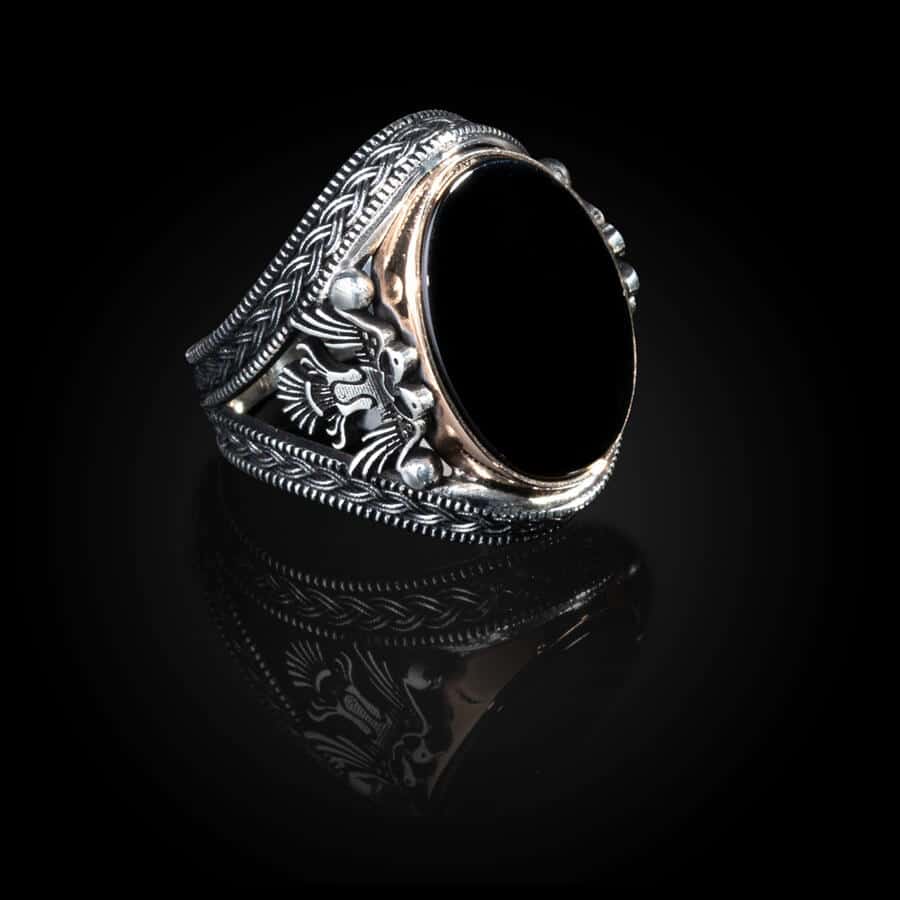 Double Headed Eagle Motif Black Zircon Stone Silver Ring