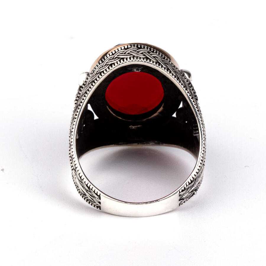 Double Headed Eagle Motif Blood Red Zircon Stone Silver Uyanis Ring