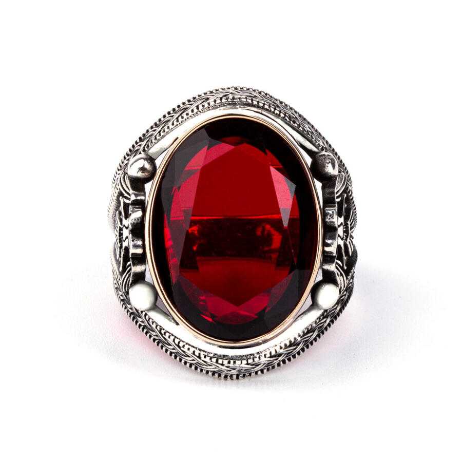 Double Headed Eagle Motif Blood Red Zircon Stone Silver Uyanis Ring