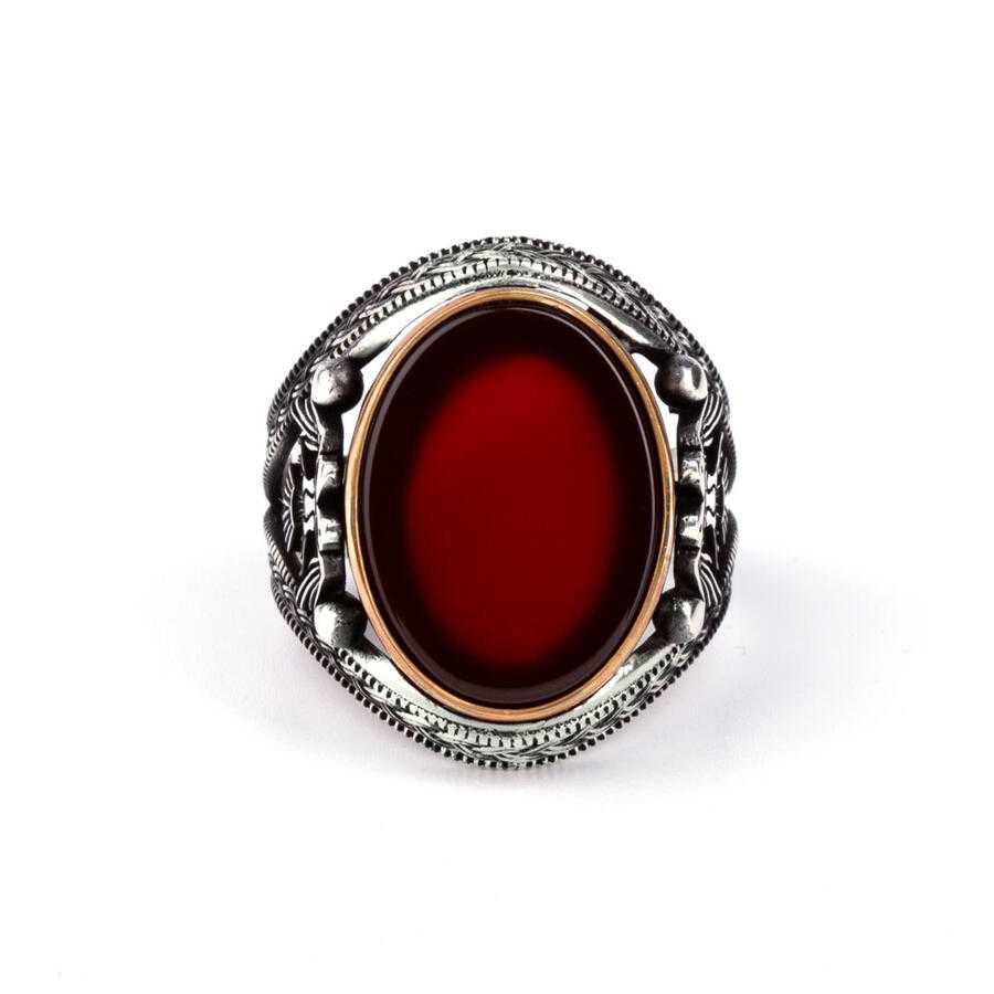 Double Headed Eagle Motif Red Agate Stone Silver Ring