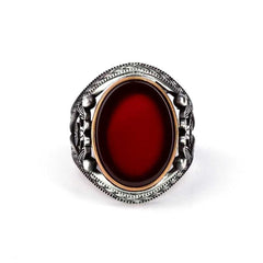 Double Headed Eagle Motif Red Agate Stone Silver Ring