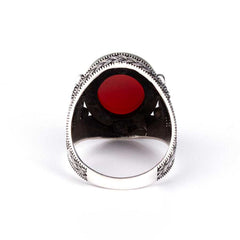 Double Headed Eagle Motif Red Agate Stone Silver Ring