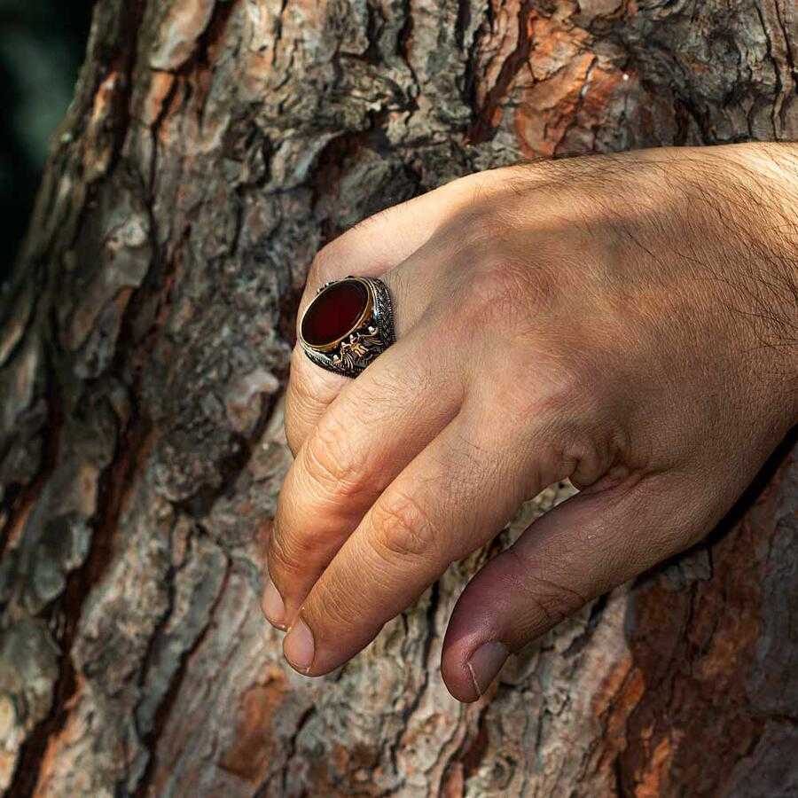 Double Headed Eagle Motif Red Agate Stone Silver Ring