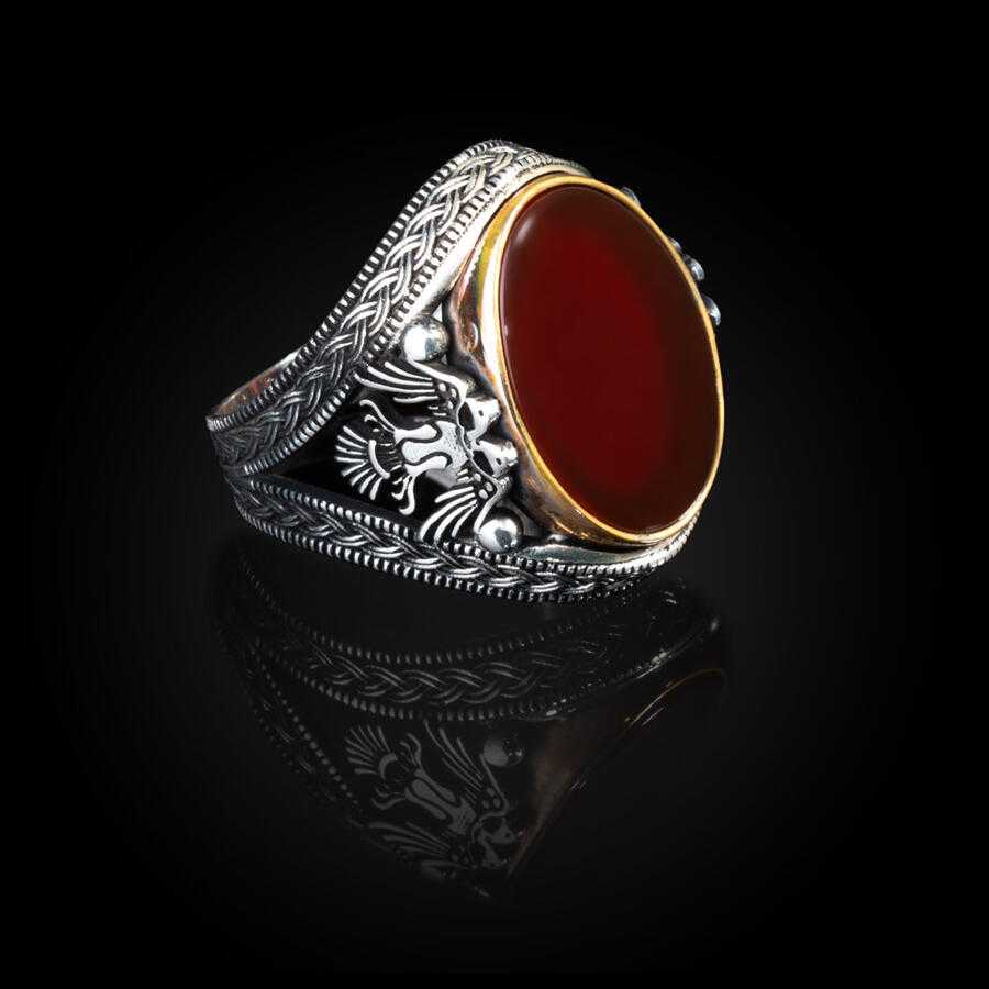 Double Headed Eagle Motif Red Agate Stone Silver Ring