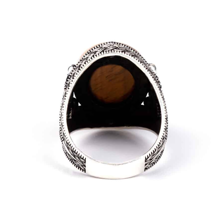 Double Headed Eagle Motif Tiger Eye Stone Silver Ring