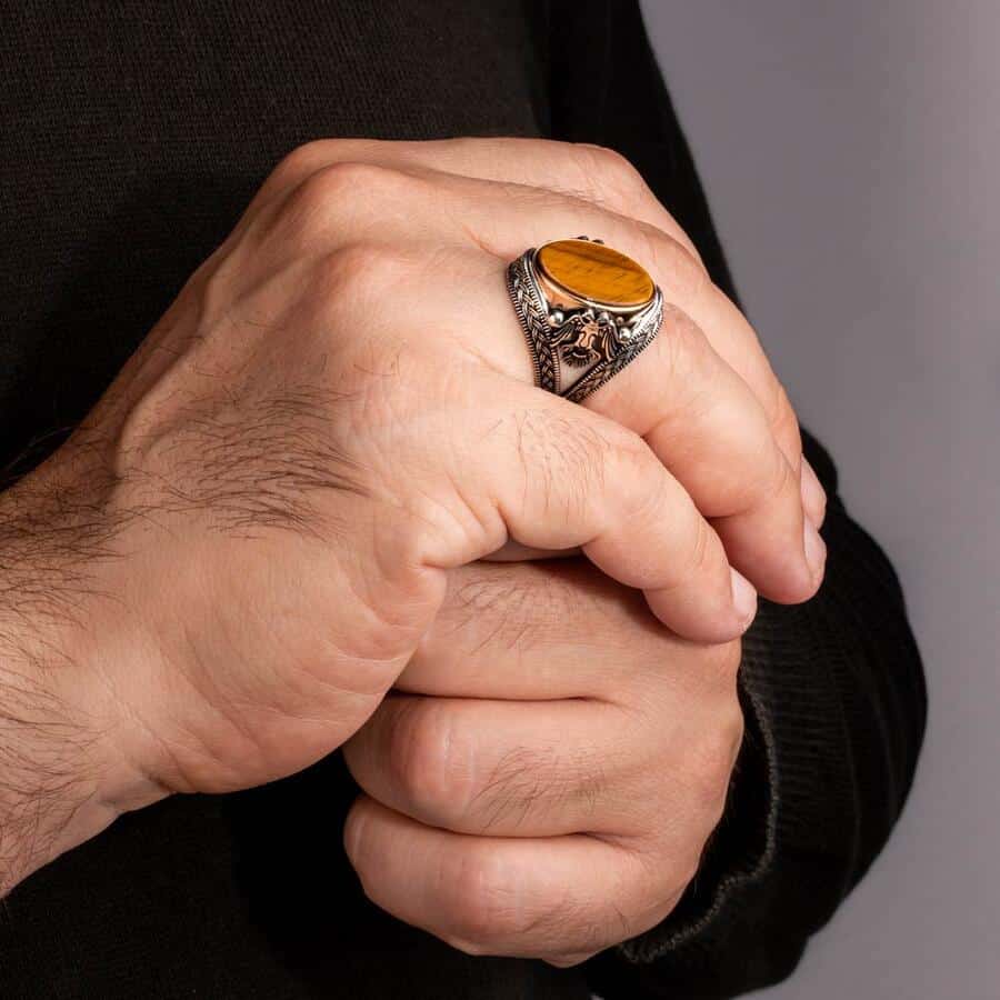 Double Headed Eagle Motif Tiger Eye Stone Silver Ring