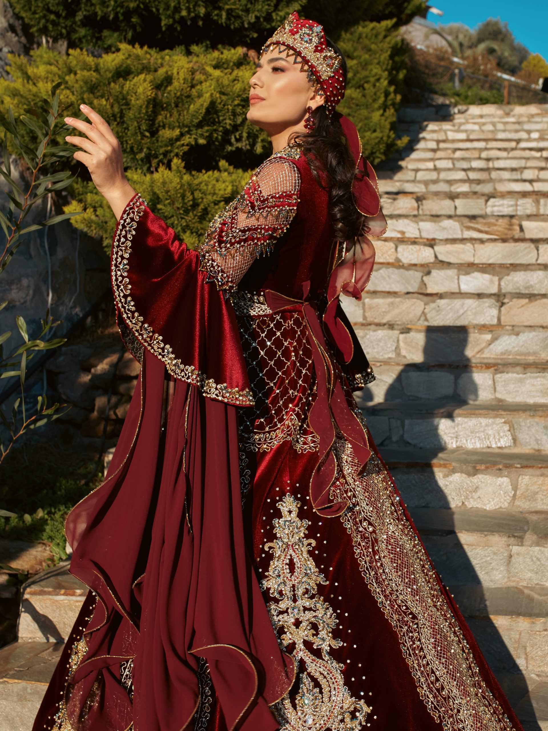 Burgundy Frill Sleeve Long Embroidery Sequin Henna Party Dress