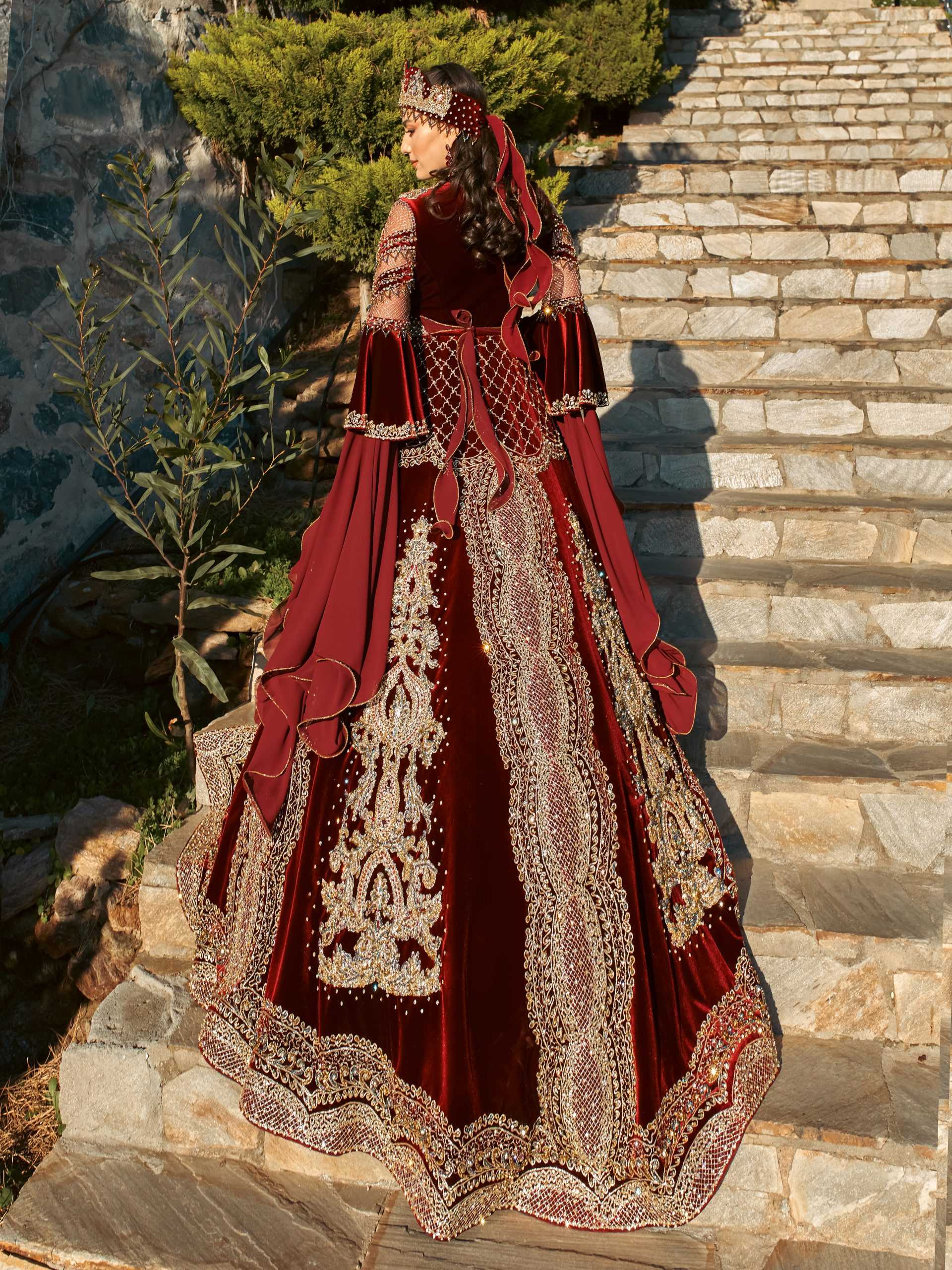 Burgundy Frill Sleeve Long Embroidery Sequin Henna Party Dress