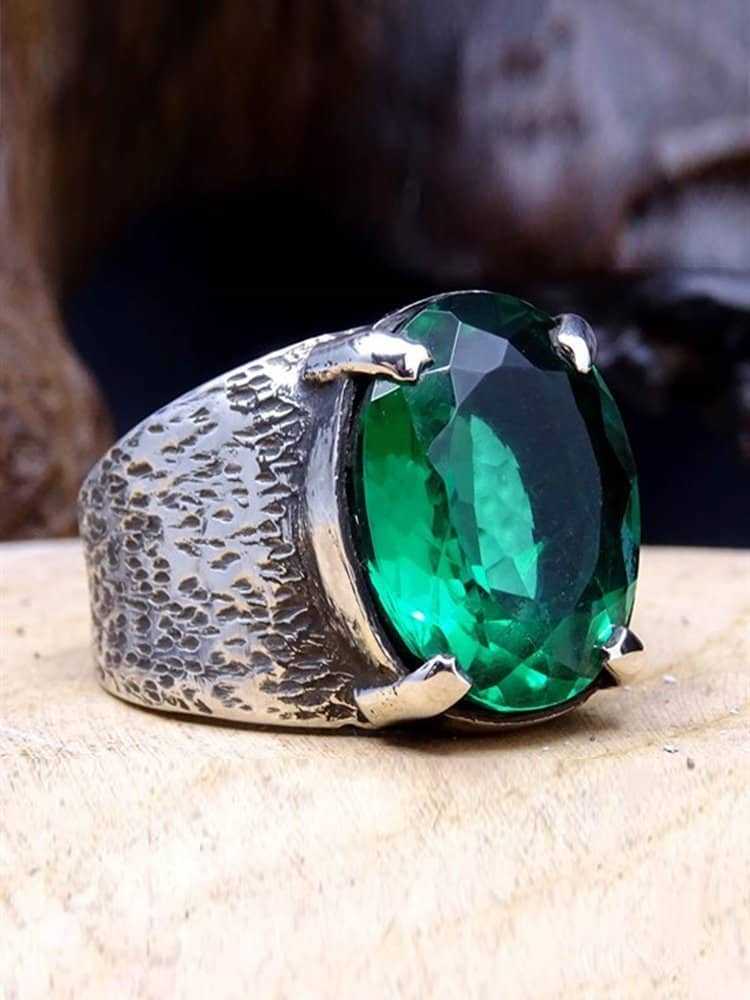 Emerald Gem Silver Mens Ring