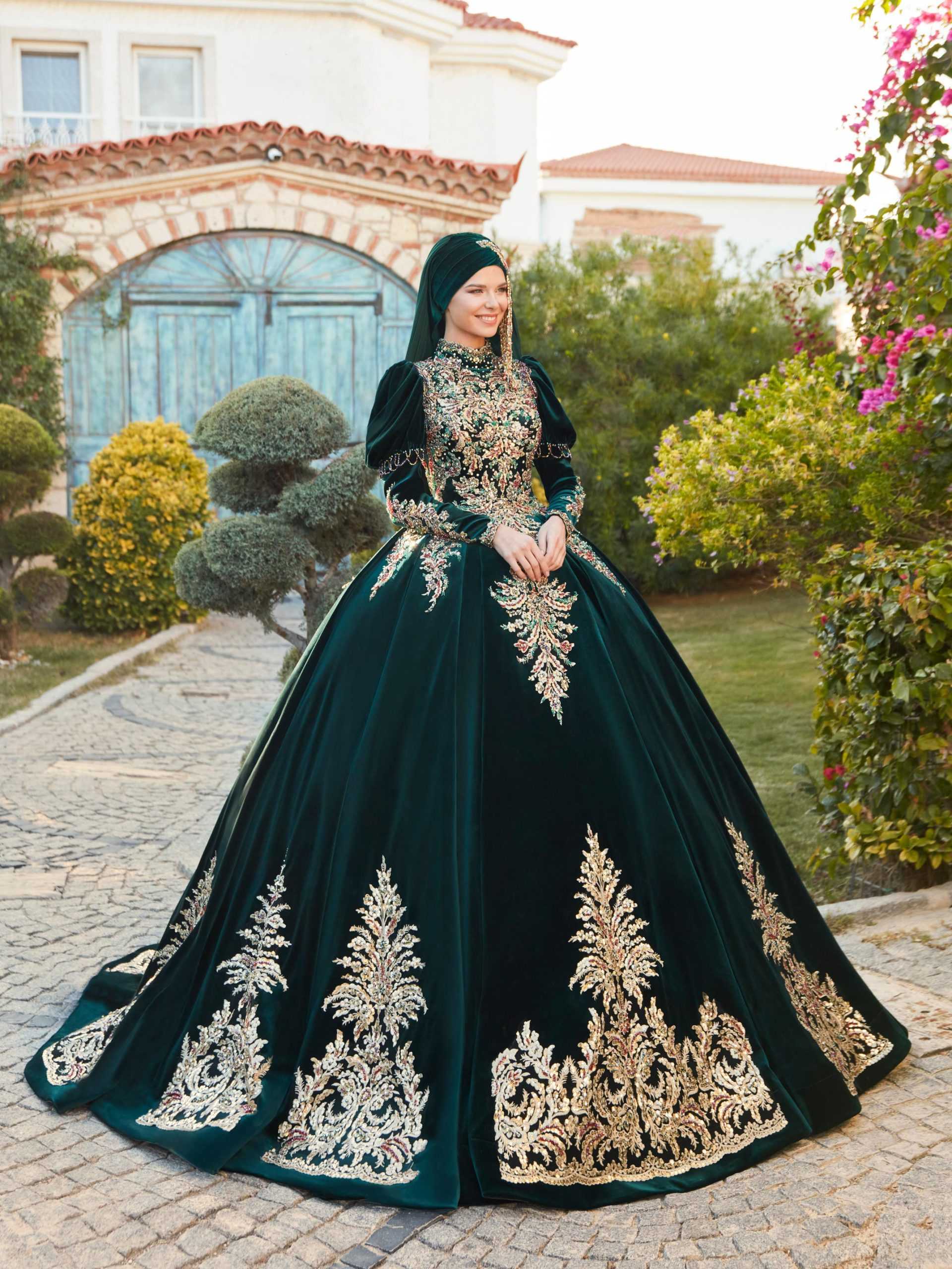 Buy Emerald Green Maxi Long Juliet Sleeve Muslim Wedding Ball Gown For Sale Turkeyfamousfor