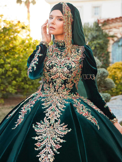 Buy Emerald Green Maxi Long Juliet Sleeve Muslim Wedding Ball Gown For Sale 