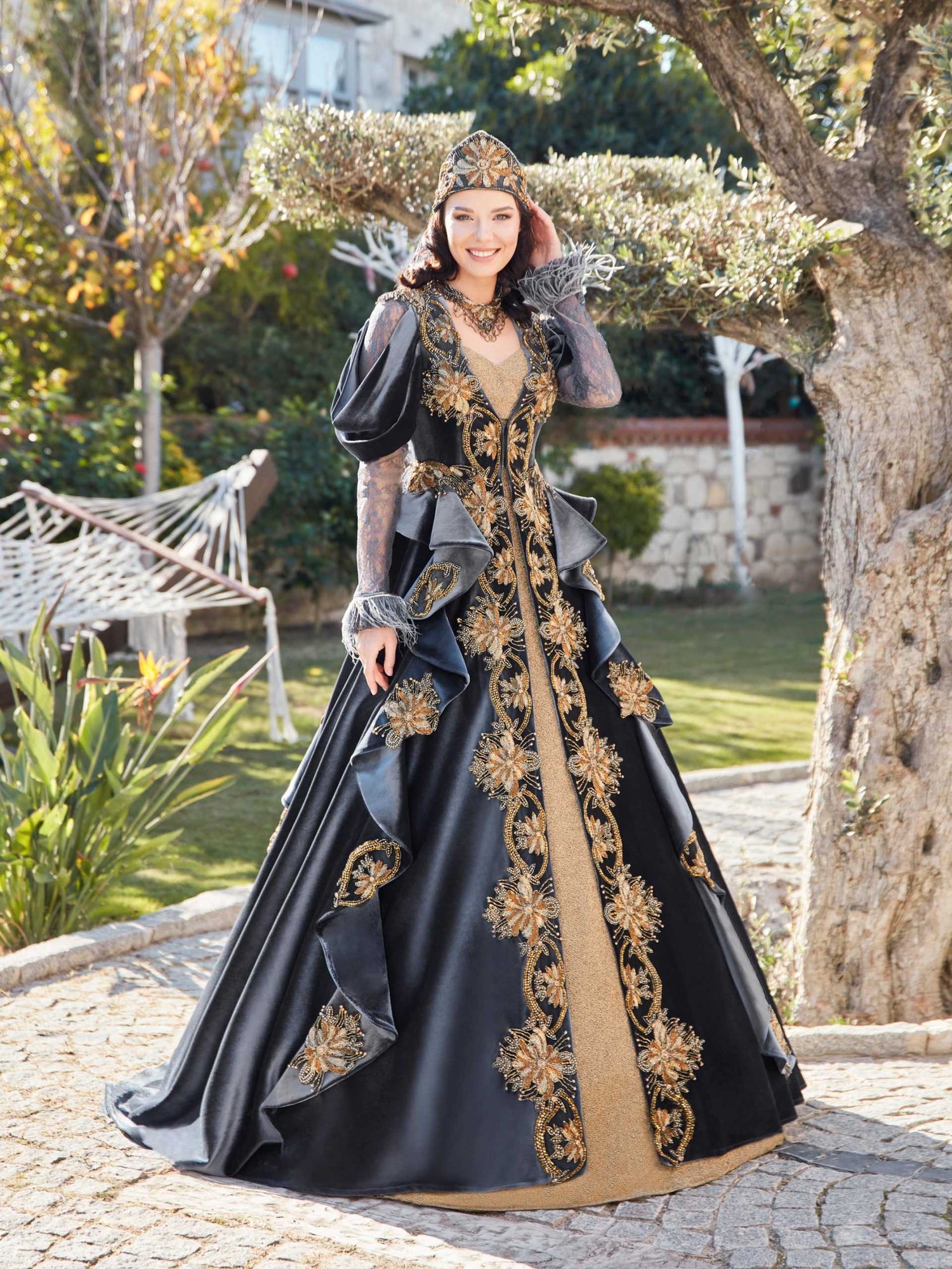 Fancy Royal Long Lace Sleeve Velvet Wedding Kaftan Gown 42