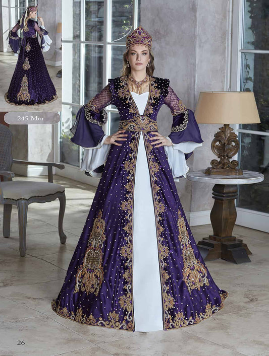 Chic purple a-line scoop floor length gold sequin colorful beading embellished kaftan ball gowns