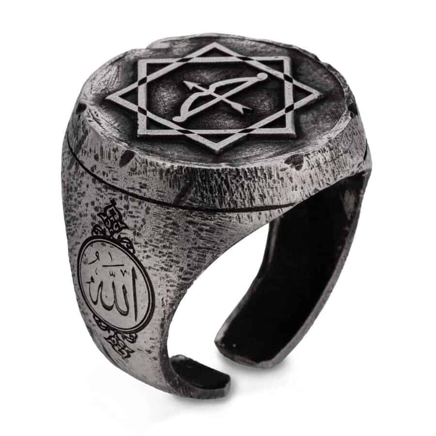 Great Seljuk Eight-pointed Star Arrow Bow Antique Silver Men's Ring