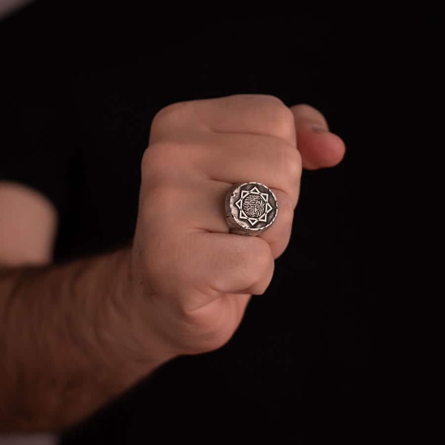 Great Seljuk Eight-pointed Star Shahada Antique Silver Thumb Ring