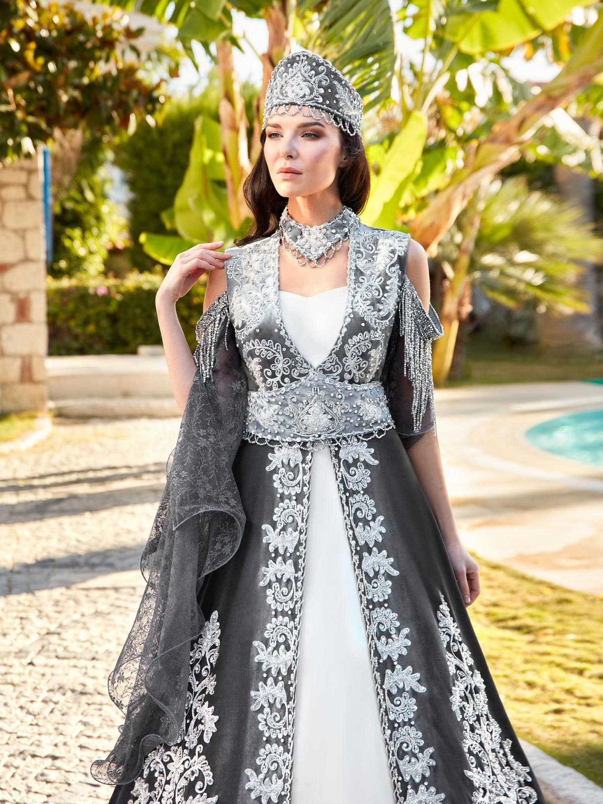Buy Grey Ethnic Turkish Bridal Long Tail Kaftan Gown Dress For