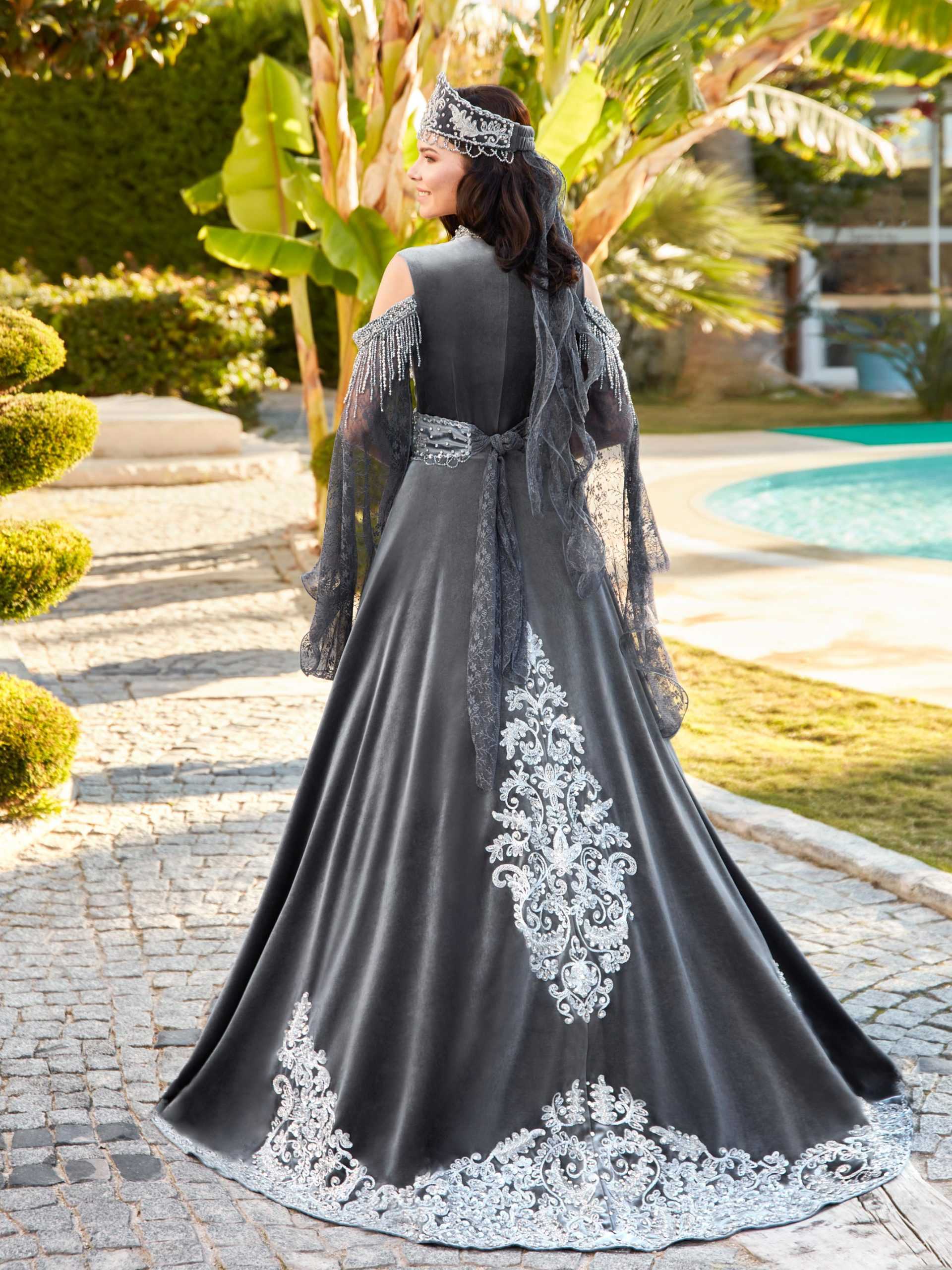 Buy Grey Ethnic Turkish Bridal Long Tail Kaftan Gown Dress For