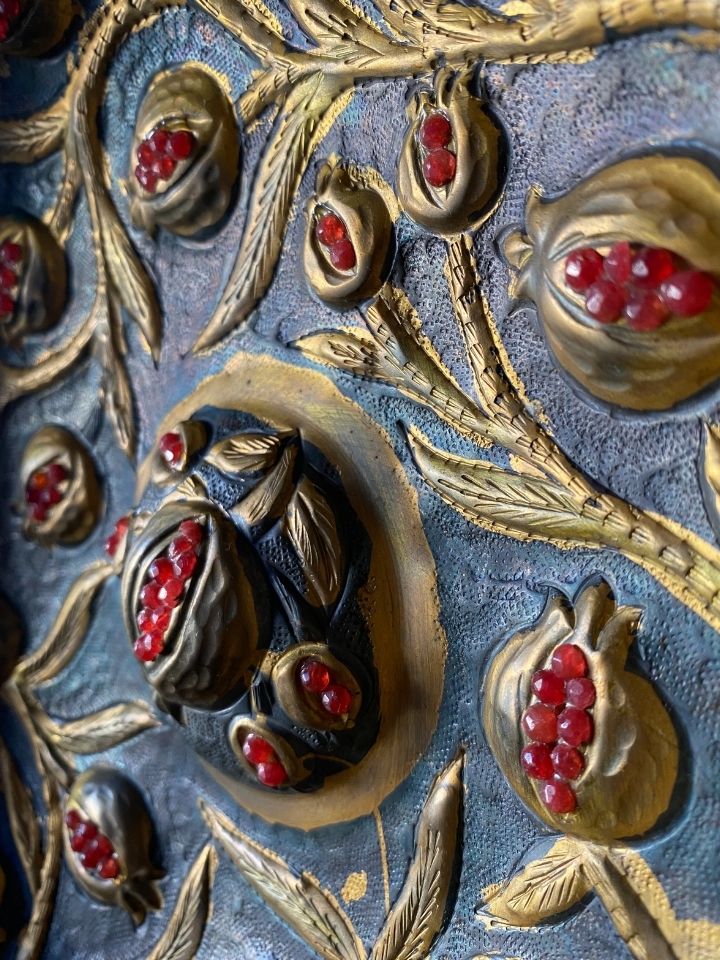 Hand Hammered Pomegranate Embellished Copper Bowl