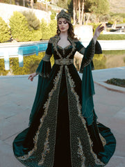 Emerald Green Muslim Long Sleeves Gold Sequin Evening Party Gowns Kaftan