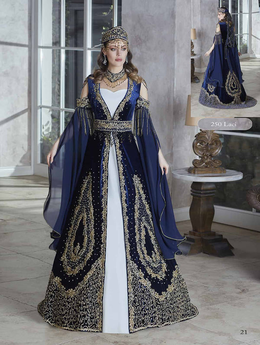 2020 Princess crystal Embellished Long flounce Sleeves Navy Blue Prom Dresses Ball Gowns Wedding Engagement Dresses , Appliqued Formal Gown