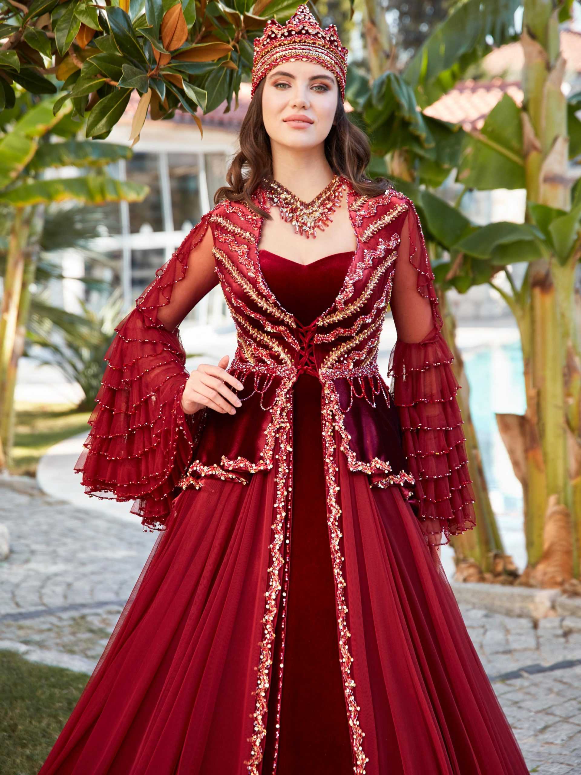 red embellished wedding long henna party kaftan gowns