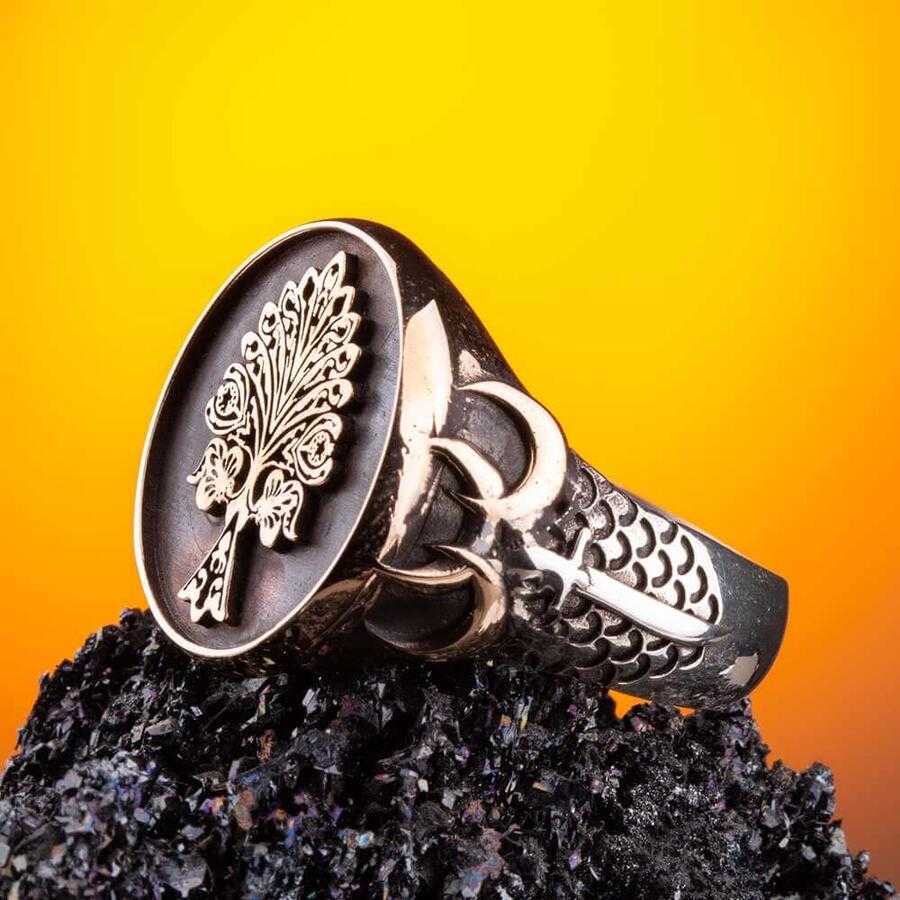 Tree of Life Silver Ring with Three Crescents