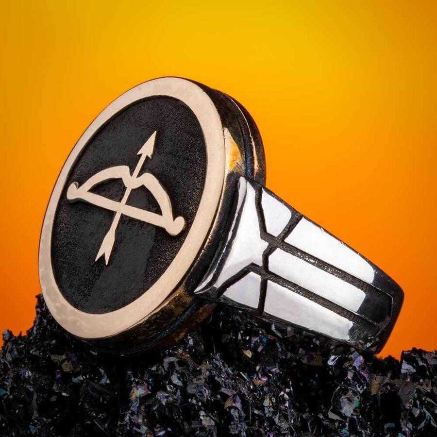 Great Seljuk Arrow Bow Motif Silver Yellow Men's Ring