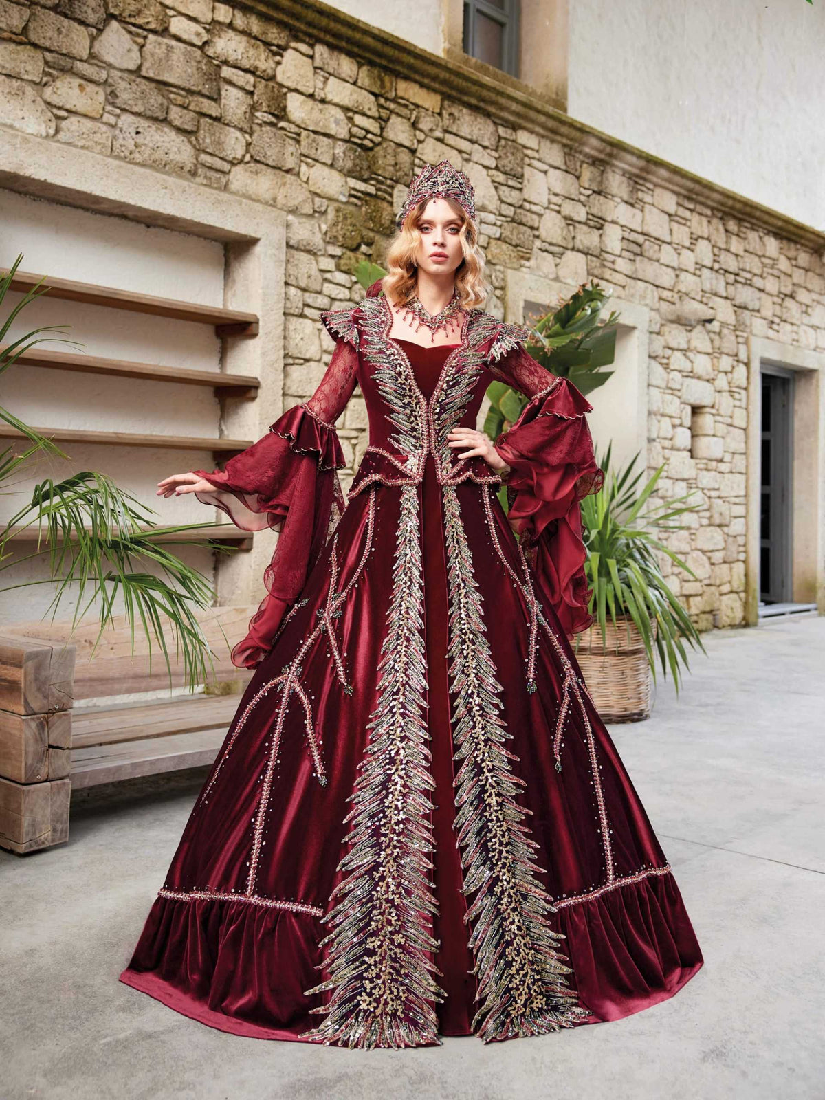 Buy Burgundy Full Sequin Maxi Sultan Kaftan Party Dress For Sale
