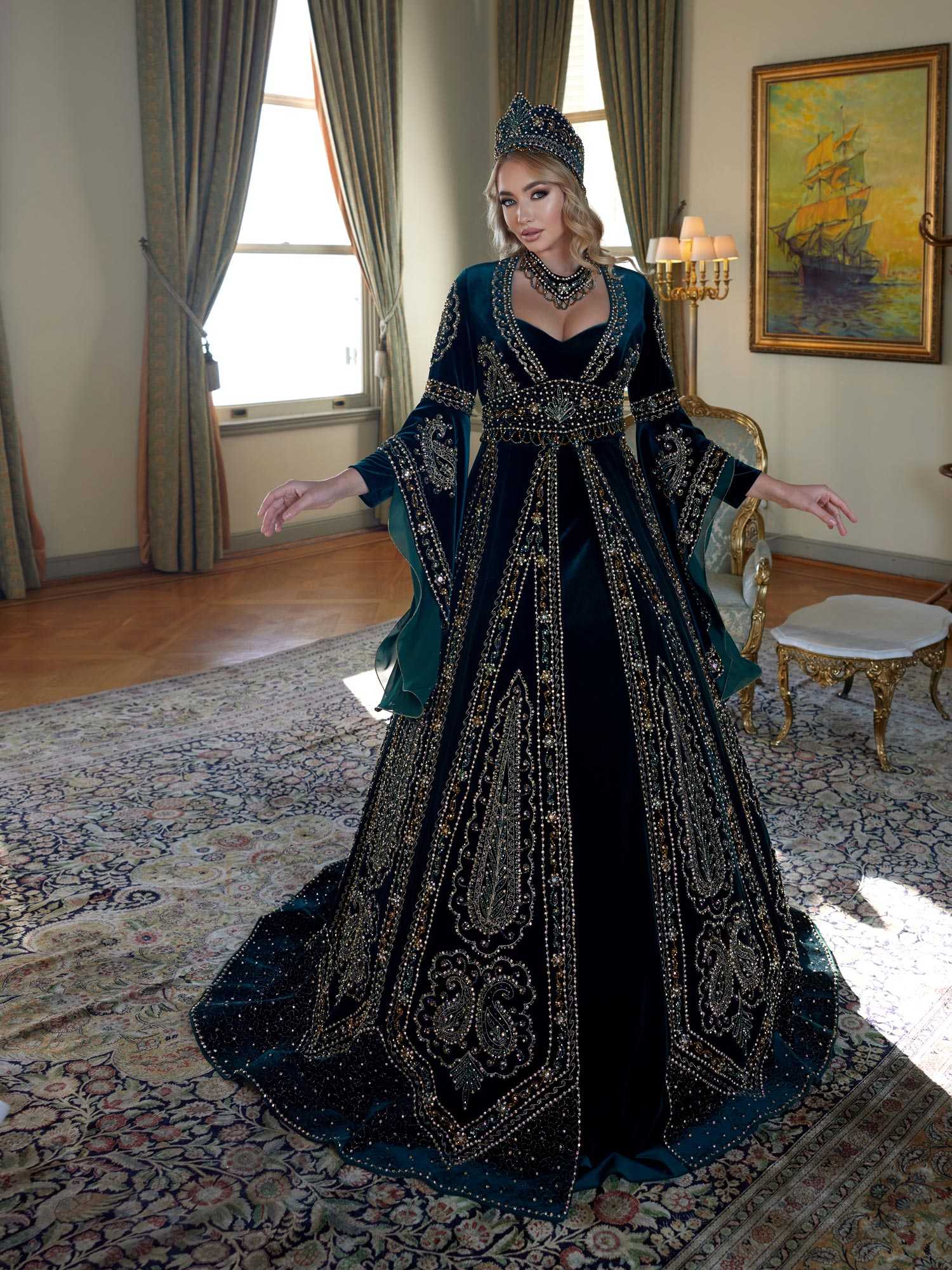 moroccan plus size velvet green rhinestones open slit kaftan henna engagement evening dresses with sleeves