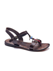 Embossed Toe Thong Brown Leather Sandals